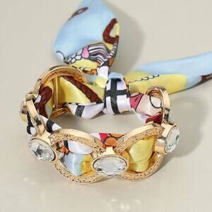 Metal Interlocking Ring Fabric Bandana Scarf Bracelet Gold Multi Adjustable